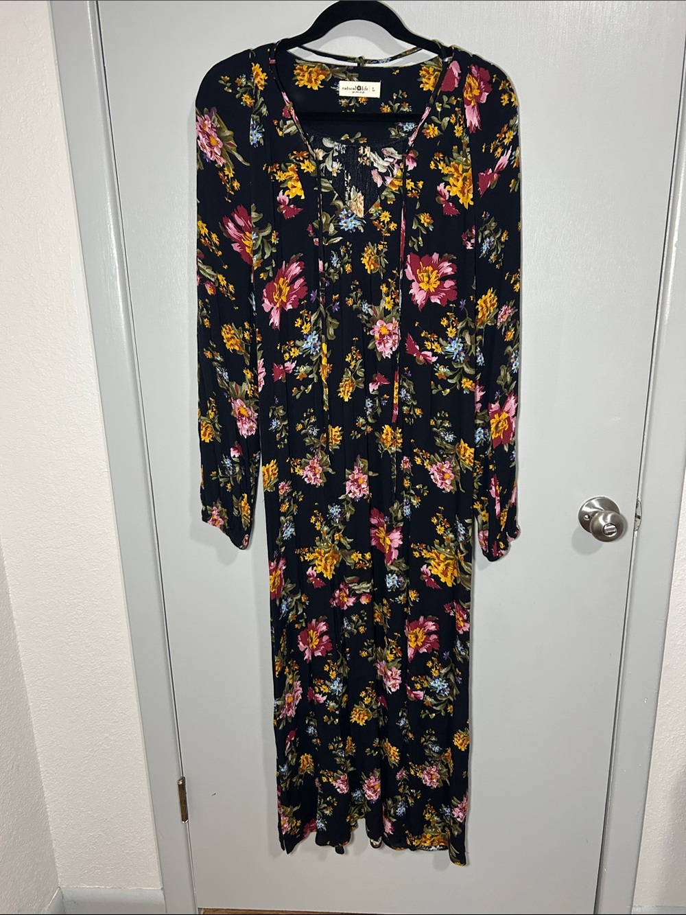 Natural Life Rowan Black Floral Boho Maxi Dress Size L